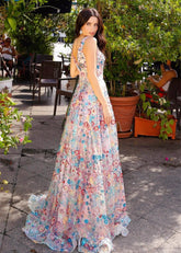 Madeline | Charming Flower A Line Backless Pink Prom Dress - Pink Floral - PromDressClub